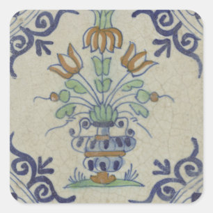 Pegatina Cuadrada Flor De Cerámica Delft Tile Antiguo