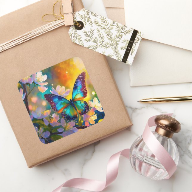 Pegatina Cuadrada Flor de cerezo Fantasía Sunrise Butfly (Regalar)