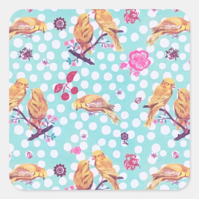 Pegatina Cuadrada Flor de cerezo pintada en primavera pájaros (Anverso)
