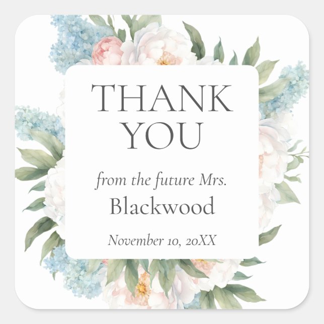 Pegatina Cuadrada FLOR DE FLORES SUAVES AZUL ROSADO BRIDAL Gracias (Anverso)