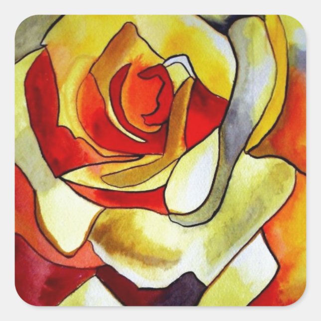 Pegatina Cuadrada Flor de la acuarela original de la Freesia amarill (Anverso)