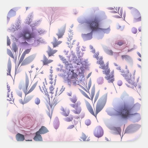 Pegatina Cuadrada Flor de Lavanda Estética Púrpura Pastel