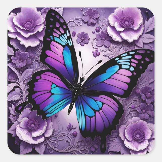Pegatina Cuadrada Flor de mariposa morada (Anverso)