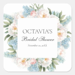 PEGATINA CUADRADA FLOR DE MONOGRAMA BRIDAL AZUL ROSA SUAVE
