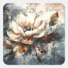 Pegatina Cuadrada Flor de peonía personalizada en acuarela suave
