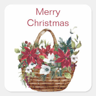 Pegatina Cuadrada Flor de Poinsettia de color de agua navideña