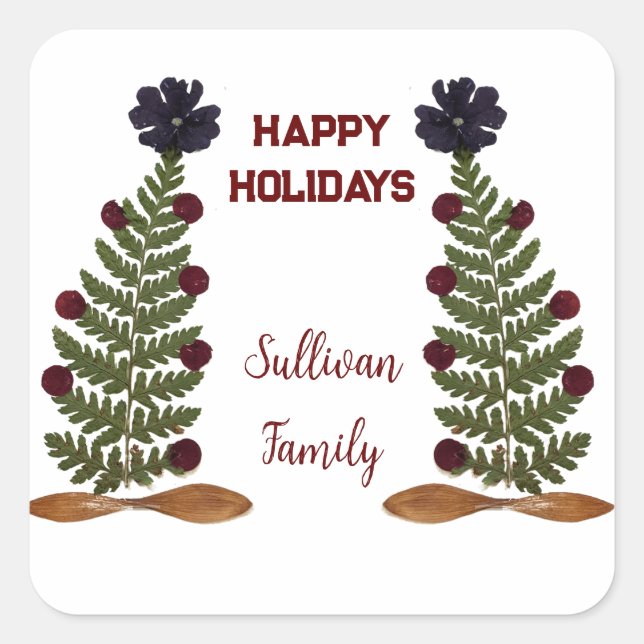 Pegatina Cuadrada Flor de prensa seca Árbol de Navidad (Anverso)