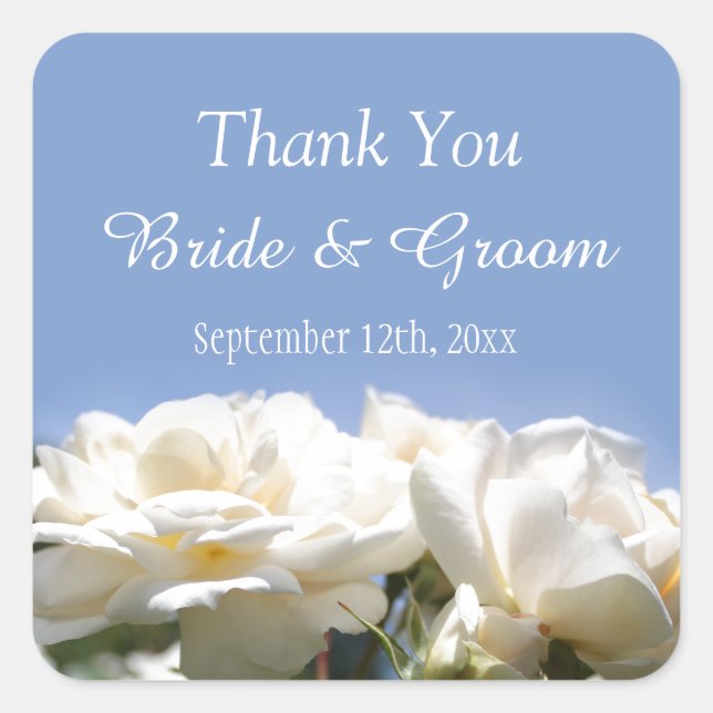 Pegatina Cuadrada flor de rosa blanco favor de boda gracias (Anverso)