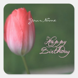 Pegatina Cuadrada flor de tulipano rojo de cumpleaños feliz