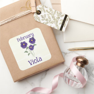 Pegatina Cuadrada Flor de Viola acuarela cumpleaños de febrero