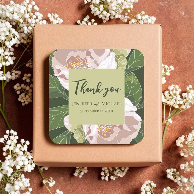 Pegatina Cuadrada Flor exuberante y vegetación elegante (Lush Flower and Greenery Elegant Square Sticker)