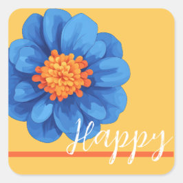Pegatina Cuadrada Flor feliz en amarillo azul y naranja