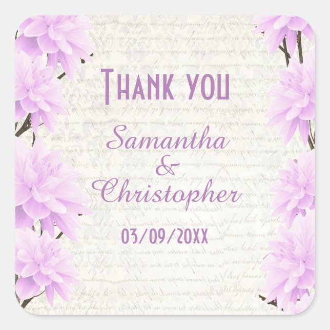 Pegatina Cuadrada flor floral de lila pálida pálida gracias (Anverso)