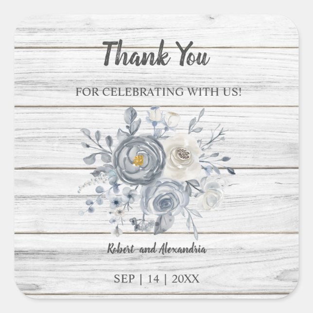 Pegatina Cuadrada Flor gris | Gracias por venir Boda (Anverso)
