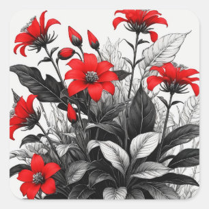 Pegatina Cuadrada Flor Roja Sobre La Planta Blanca Negra