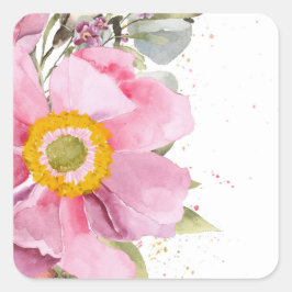 Pegatina Cuadrada Flor rosa en acuarela