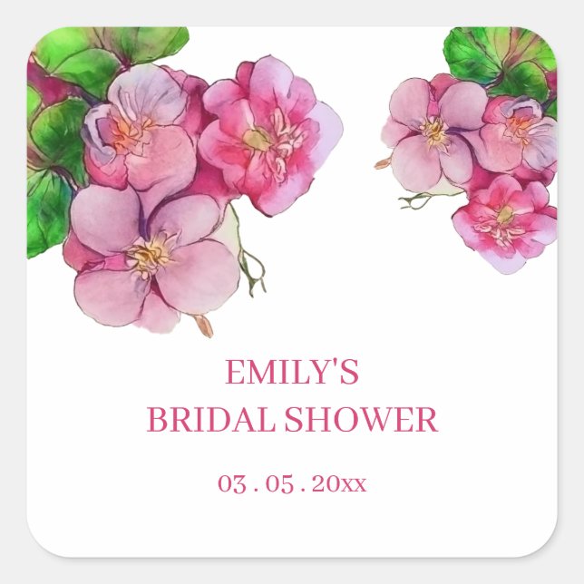 Pegatina Cuadrada flor rosa grande adorable, flor flora acuarela (Anverso)