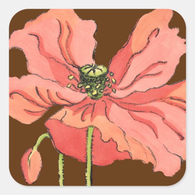 Pegatina Cuadrada Flor rosa grande con fondo rojo profundo (Anverso)