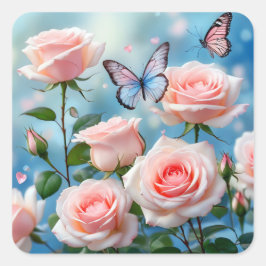 Pegatina Cuadrada Flor rosa rosa suave mariposa azul