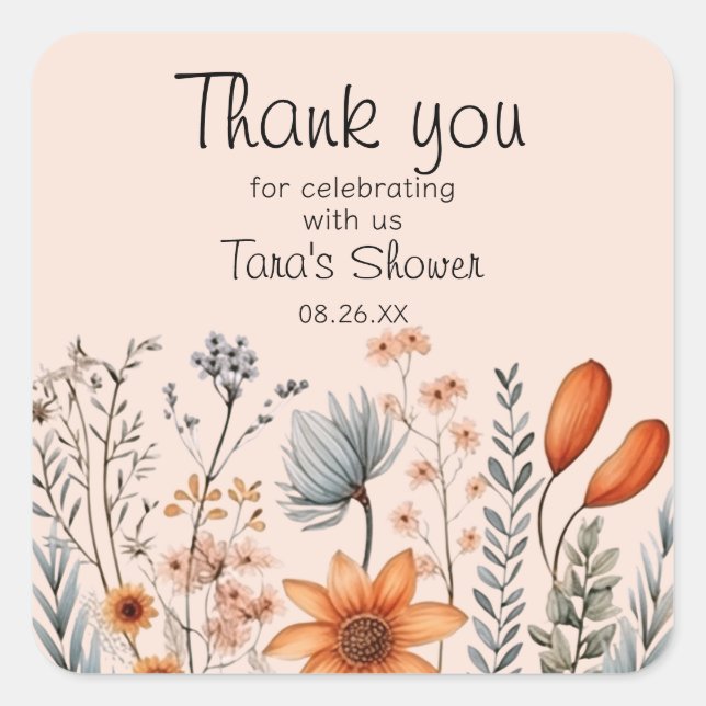 Pegatina Cuadrada Flor salvaje de Boho rústico en naranjas y grises (Anverso)