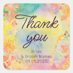 Pegatina Cuadrada Flor silvestre acuarela psicodélica 