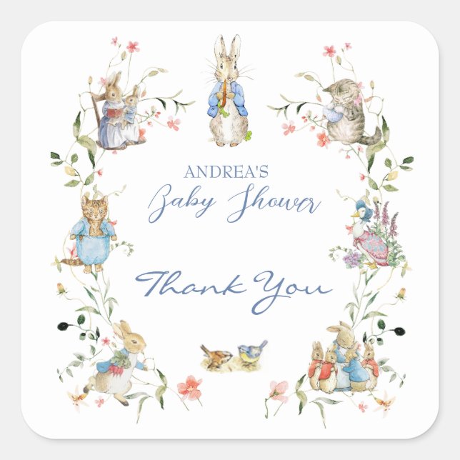 Pegatina Cuadrada Flor silvestre Peter the Rabbit Baby Shower (Anverso)