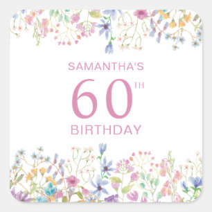 Pegatina Cuadrada Flor silvestre rosa 60 cumpleaños