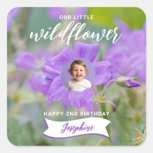 Pegatina Cuadrada Flor Silvestre Violeta Cumpleaños Feliz Foto Perso