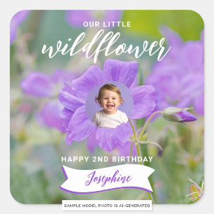 Pegatina Cuadrada Flor Silvestre Violeta Cumpleaños Feliz Foto Perso