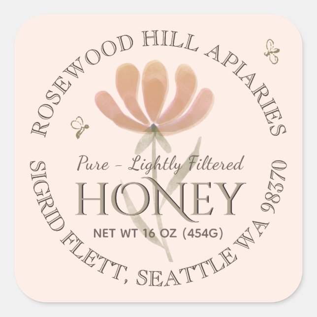 Pegatina Cuadrada Flor silvestre y abejas ligeramente filtradas Miel (Anverso)