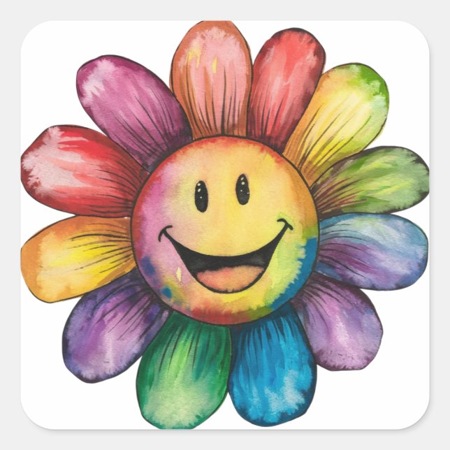 Pegatina Cuadrada Flor sonriente de color de agua (Anverso)