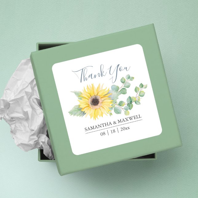 Pegatina Cuadrada Floral acuarela Amarillo Pegatinas del Favor del G (Thank You Favor Stickers Floral Watercolor Yellow Sunflower )