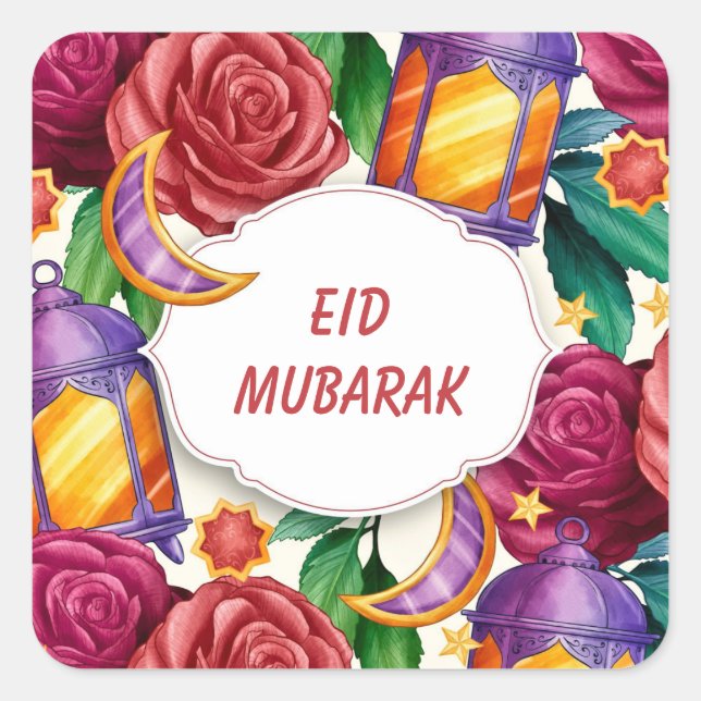 Pegatina Cuadrada Floral acuática de Eid Mubarak (Anverso)