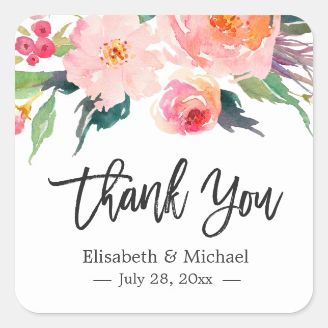 Pegatina Cuadrada Floral acuática moderna Gracias Favor De Boda (Anverso)