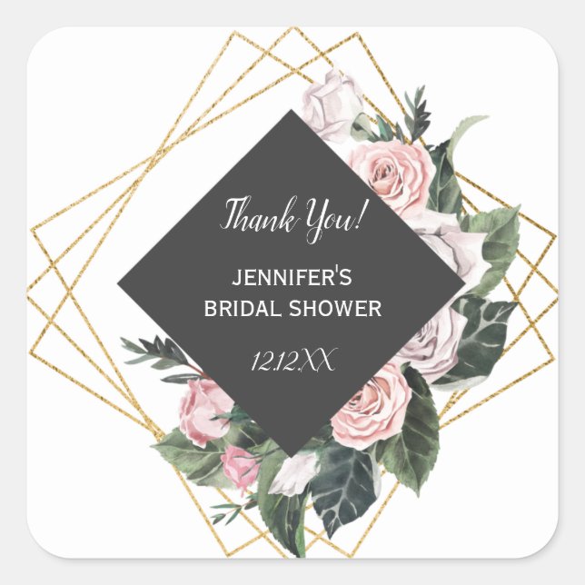 Pegatina Cuadrada Floral acuática rosa y dorada (Anverso)