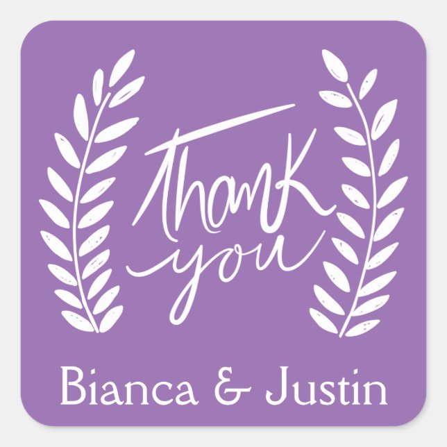Pegatina Cuadrada Floral Agradecimientos Purple White Laurel Wreath  (Anverso)