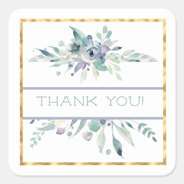 Pegatina Cuadrada Floral azul acuarela y oro gracias (Anverso)