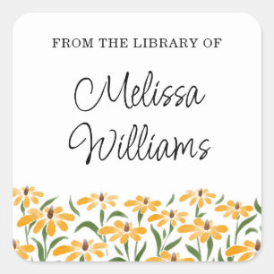 Pegatina Cuadrada Floral Black Eyed Susan Watercolor Bookplate