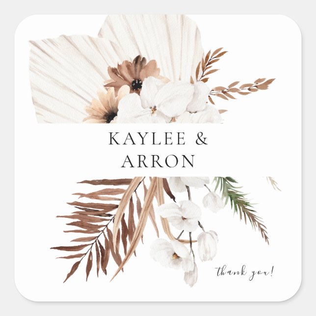 Pegatina Cuadrada Floral blanca y beige gracias (Anverso)