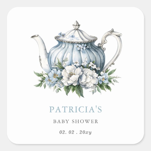 Pegatina Cuadrada Floral Blue Tea Fiesta Boy Baby Shower (Anverso)