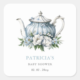 Pegatina Cuadrada Floral Blue Tea Fiesta Boy Baby Shower