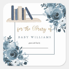 Pegatina Cuadrada Floral Blue Watercolor Boy Baby Shower Bookplate