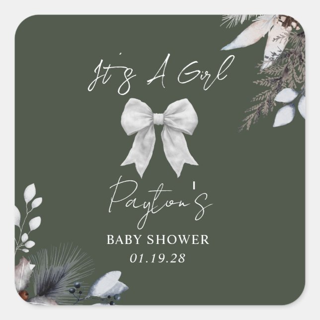 Pegatina Cuadrada Floral Bow Winter Green Chica Baby Shower (Anverso)