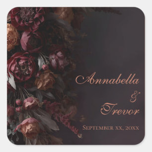 Pegatina Cuadrada Floral Burgundy Otoño Oscuro Romántico Nombre Pers