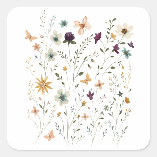 Pegatina Cuadrada Floral & Butterfly,  Whimsical Garden-Inspired  (Anverso)