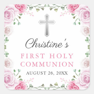 Pegatina Cuadrada Floral color de agua rosa primera comunión sagrad