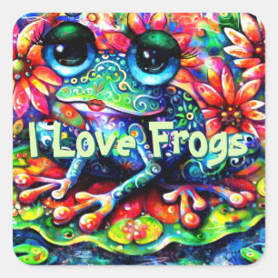 Pegatina Cuadrada Floral colorida y caprichosa me encantan las ranas