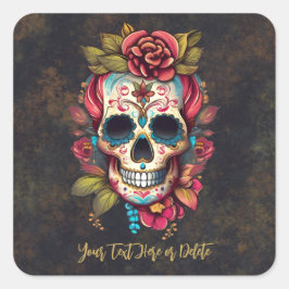 Pegatina Cuadrada Floral de azúcar Día de los Muertos Gracias