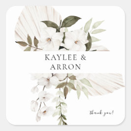 Pegatina Cuadrada Floral de Boho Blanco Gracias