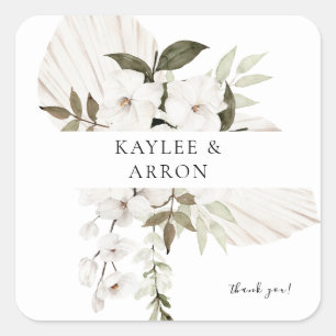 Pegatina Cuadrada Floral de Boho Blanco Gracias